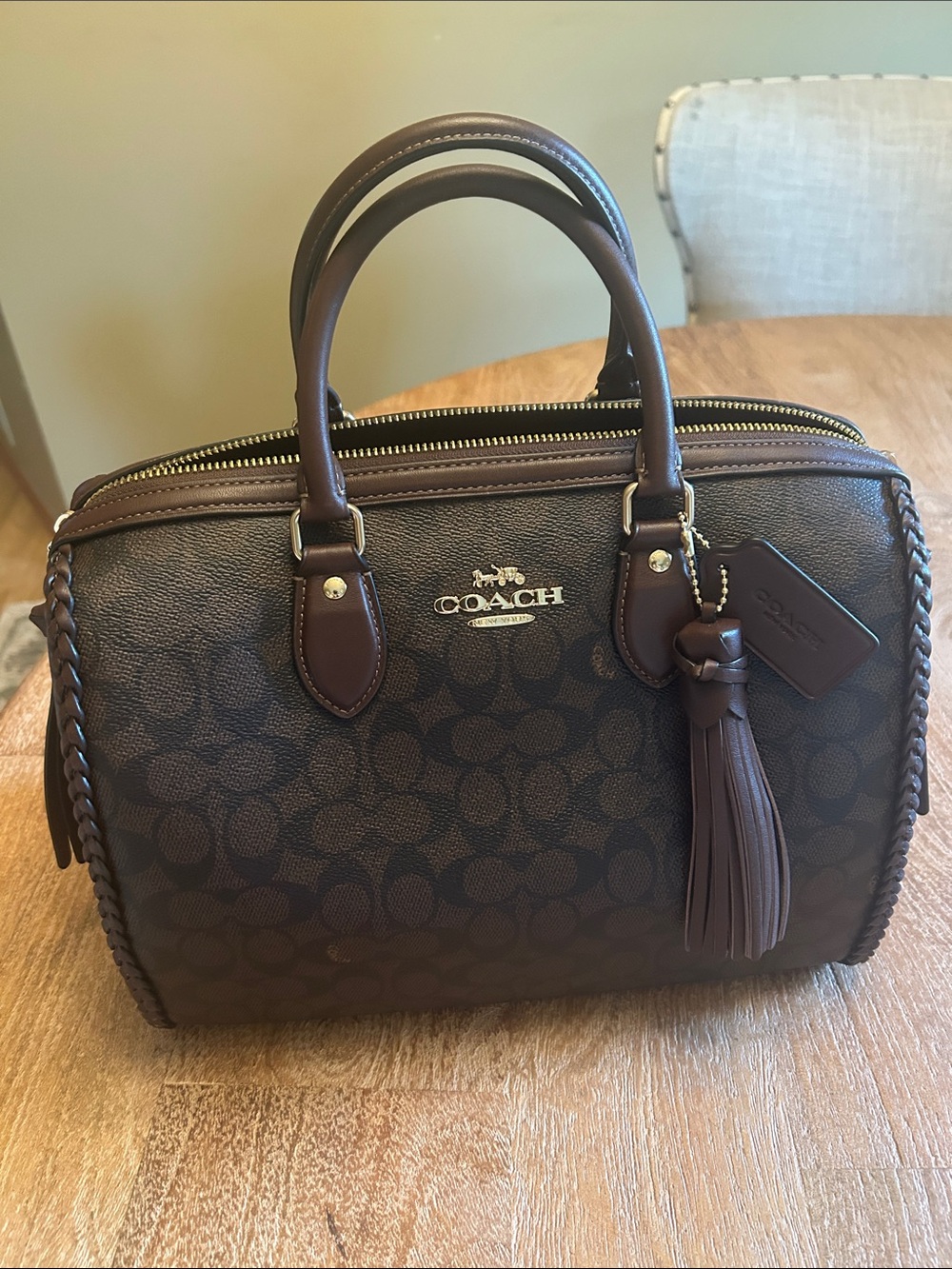COACH Brown Signature Dome Satchel with Tassel